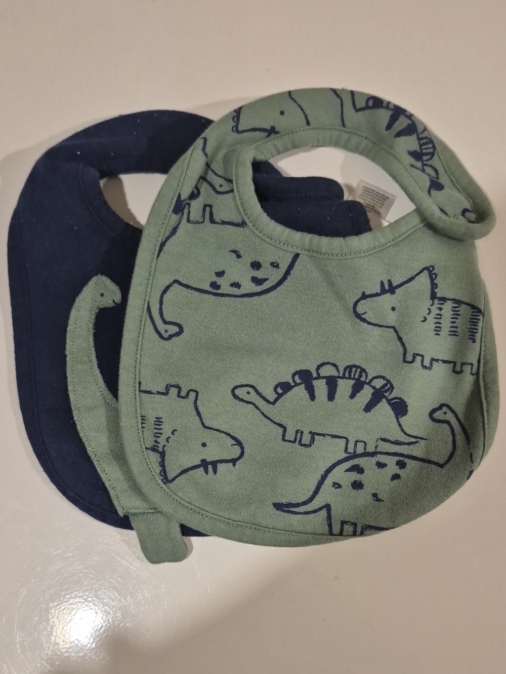Two-Pack Baby Bibs in Green Dinosaur Print and Navy